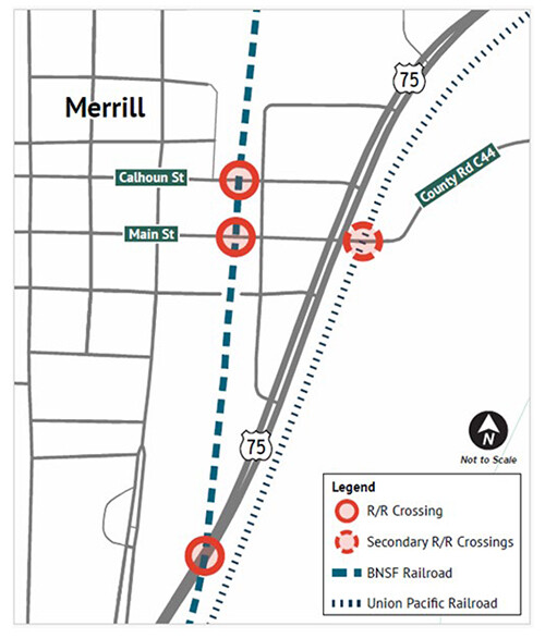 Map show the location of the existing highway-rail grade crossings will be examined in this study.
