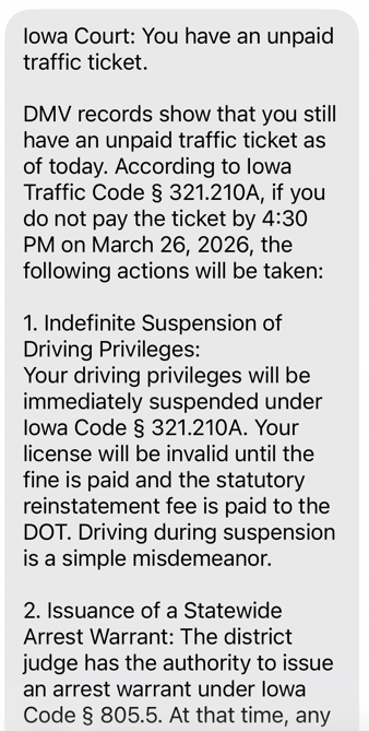 Sample text message of an unpaid ticket scam