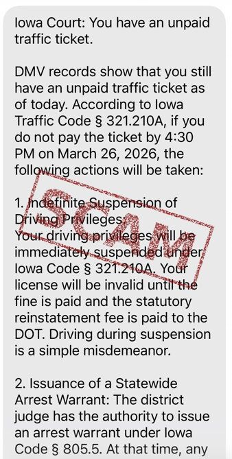 Sample text message of an unpaid ticket scam