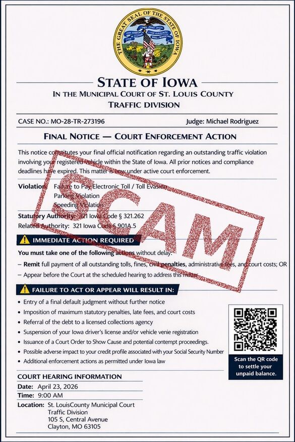 A fraudulent "State of Iowa" court notice stamped with a red "SCAM" seal, warning of fake traffic violations and demanding payment.