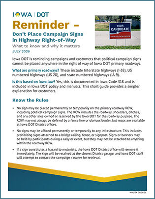 Reminder - Don't Place Campaign Signs in the Highway Right-of-Way