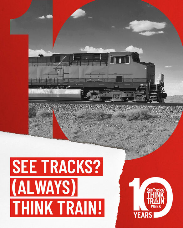 See Tracks? (Always) Think Train! 10 year anniversary logo of See Tracks Think Train Week with a black and white train image in the background
