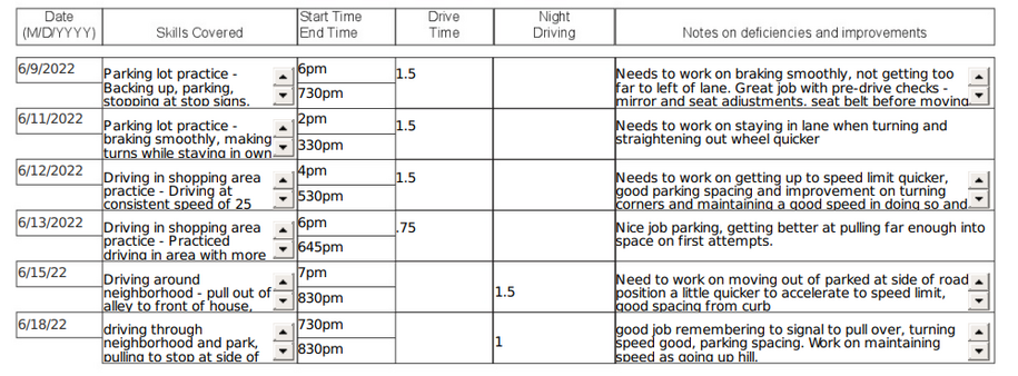 Sample completed driving log