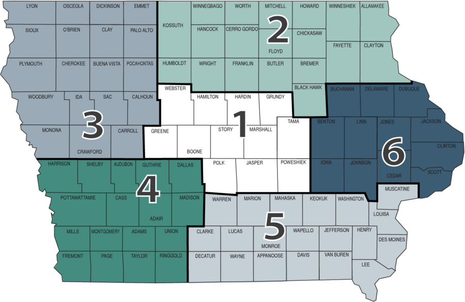 Map showing the six Iowa DOT districts