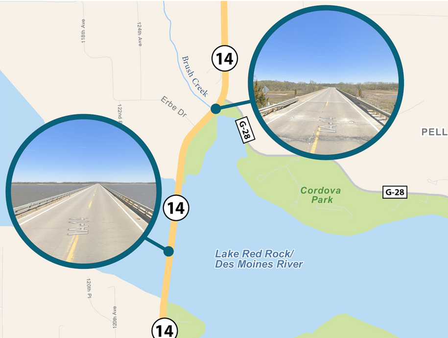 Map showing location where construction will be - Iowa 14 between Monroe and Knoxville in Marion County.