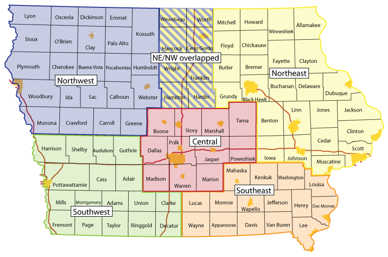 Map showing the which counties are included in each of the 511 Facebook Regions.