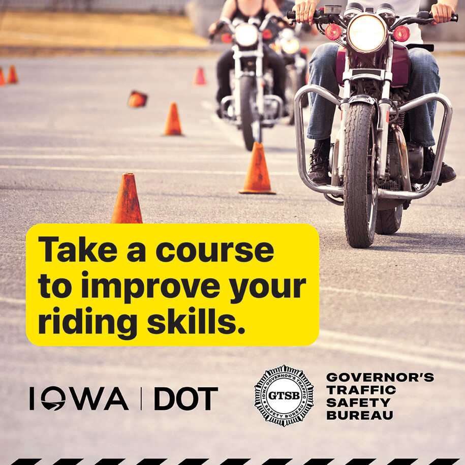 Motorcycles ride on a course with traffic cones. Text reads: Take a course to improve your riding skills.
