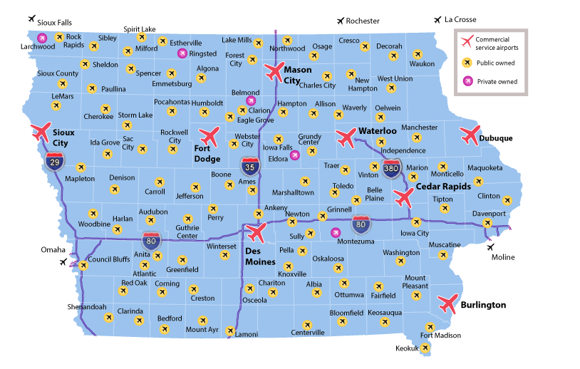 A map of Iowa's 104 public-owned airports