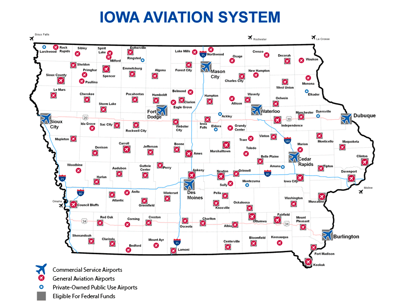 A map of Iowa's 79 airports eligible for federal funding