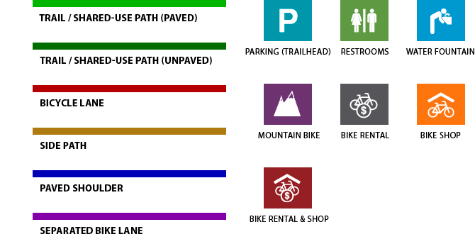 Interactive map legend for six types of trails, parking, restrooms, water fountains, mountain bikes, bike rental, bike shops; color coded