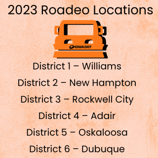 graphic with text showing the dates of the 2023 Roadeo competition dates and locations
