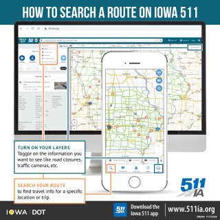 a graphic guide for searching for a route on the Iowa 511 website