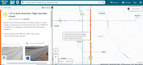 screenshot of from the Iowa 511 website