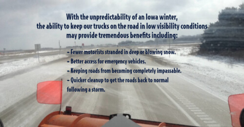 shot from a snowplow dash cam with an overlay of the benefits of the new technology