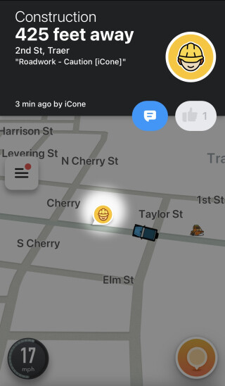 Screenshot from the Waze app showing upcoming construction on a driving route.
