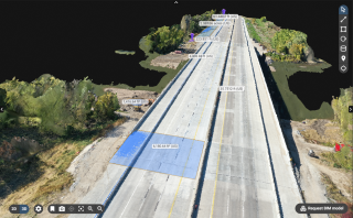 a drone photograph with an augmented reality scan of a portion of a bridge