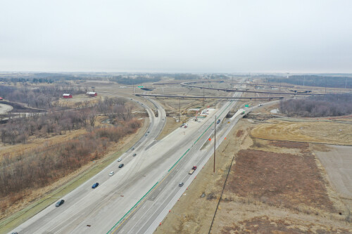Aerial view of a highway interchange system