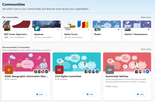 screenshot of the communities offered on Engage