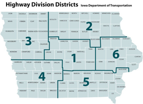Iowa map showing the areas of 6 districts