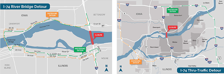 maps showing the detour route while bridgework is completed