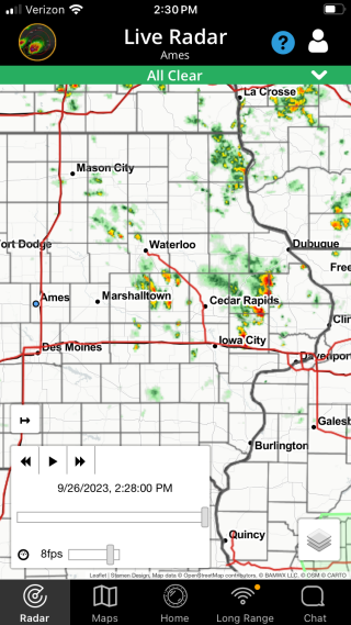 phone screen of a weather radar map