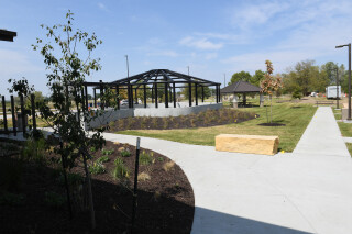Wooden beam structure outside of the rest area.