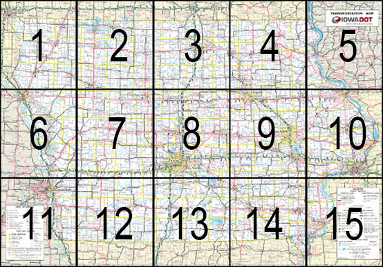 State of Iowa Transportation Map divided into 15 sections