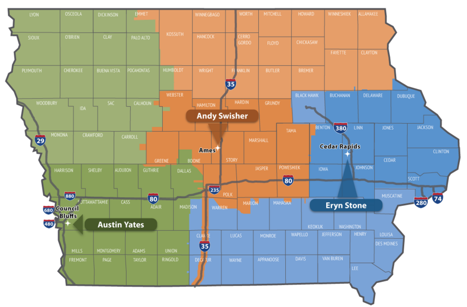 TSMO Contacts Map - Austin Yates: Western Region, Andy Swisher: Central Region, Eryn Stone: Eastern Region, Tim Simodynes: Statewide