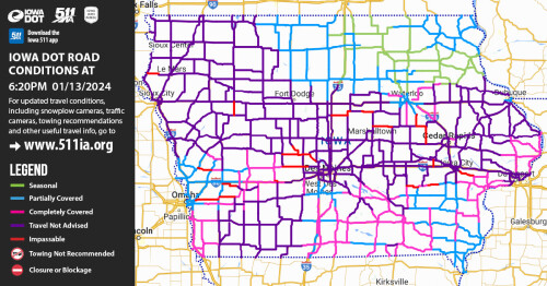 screenshot of hazardous road conditions across the state on the Iowa 511 website