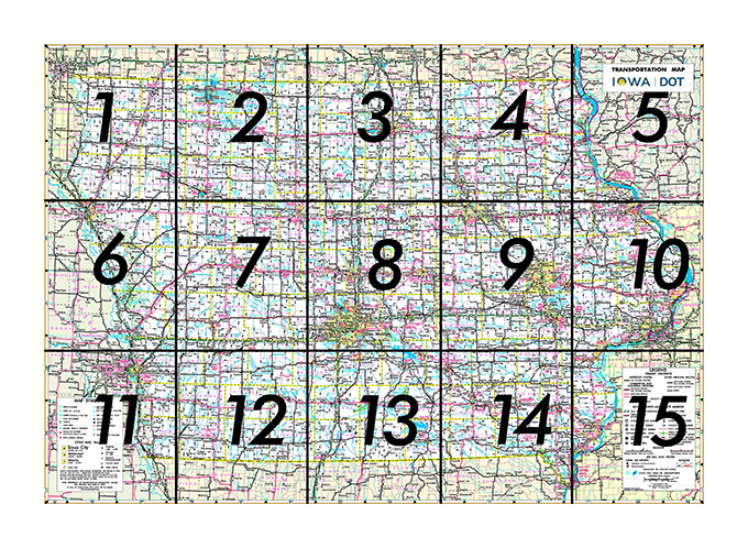 State of Iowa Transportation Map divided into 15 sections