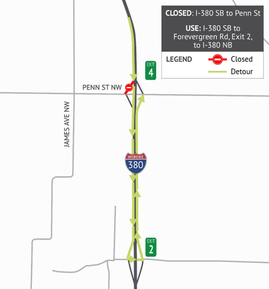 Detour map showing traffic detoured southbound and directed to turn northbound at Forevergreen Rd (Exit 2).