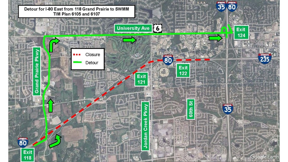 Grey scale map showing dotted red line which indicates a closure on Eastbound I-80 between Grand Prairie Parkway (exit 118) and the I-35/I-80 West Mixmaster. A solid green line shows a marked detour route using Grand Prairie Parkway (exit 118) up to University Avenue, and I-80/I-35 (exit 124). 