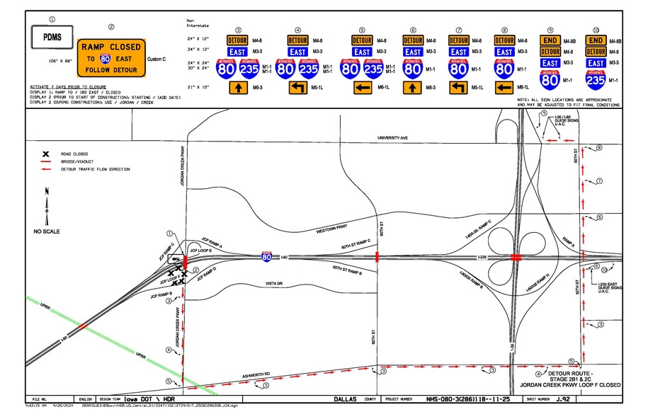 Detour map for closure of eastbound I-80 on-ramp at southbound Jordan Creek Parkway.