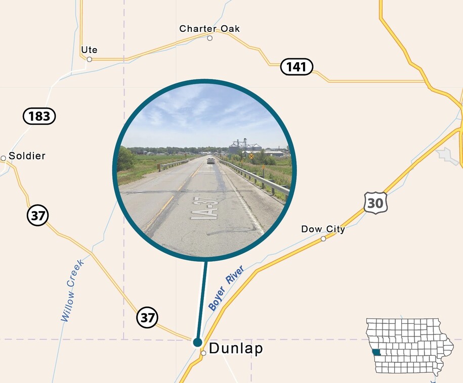Map showing IA-37 near Dunlap, Iowa, with an inset photo of the Boyer River bridge on IA-37 needing replacement. Nearby towns include Soldier, Ute, Charter Oak, Dow City, and highways 183, 141, and 30.