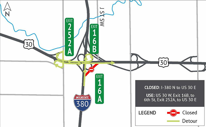 I-380 Northbound to U.S. 30 Eastbound Closure Detour Map