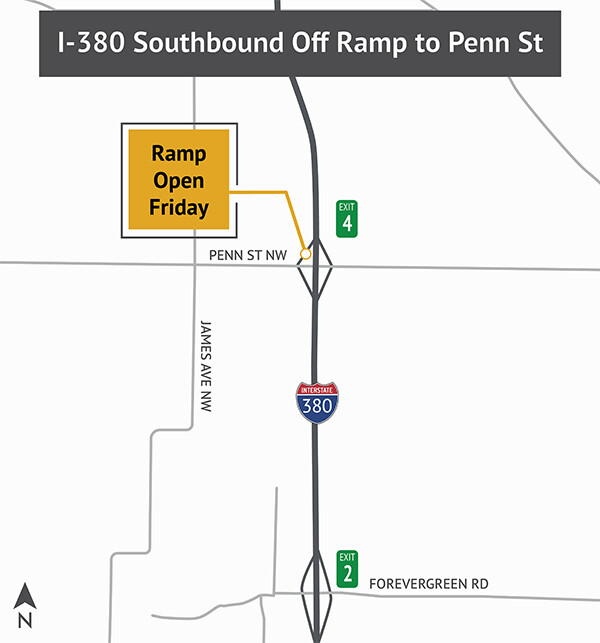 I-380 to Southbound Off Ramp to Penn Street Map