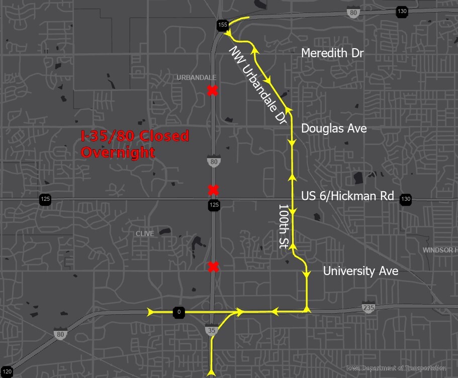 Detour route for overnight closure of I-35/I-80