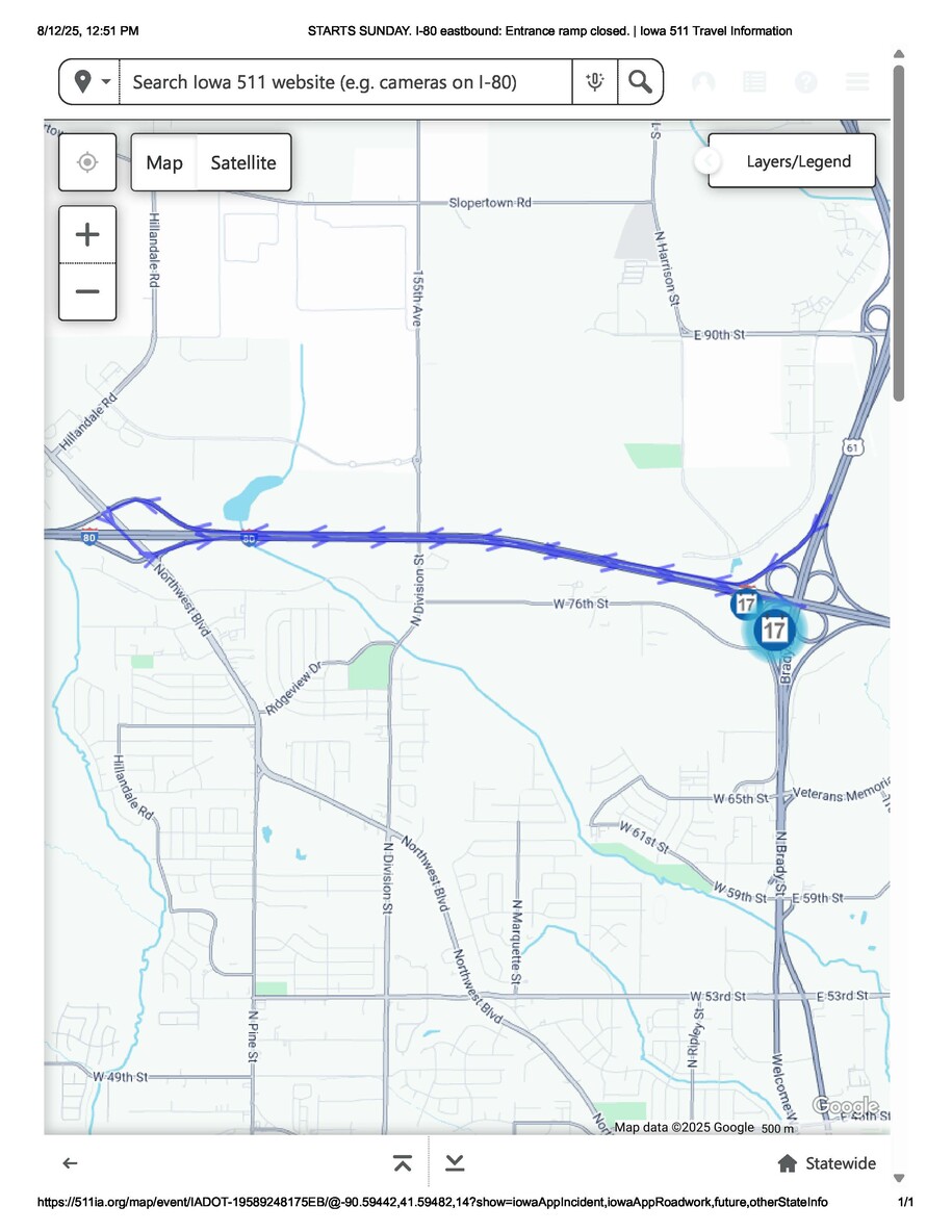 Southbound U.S. 61 to eastbound I-80 detour route