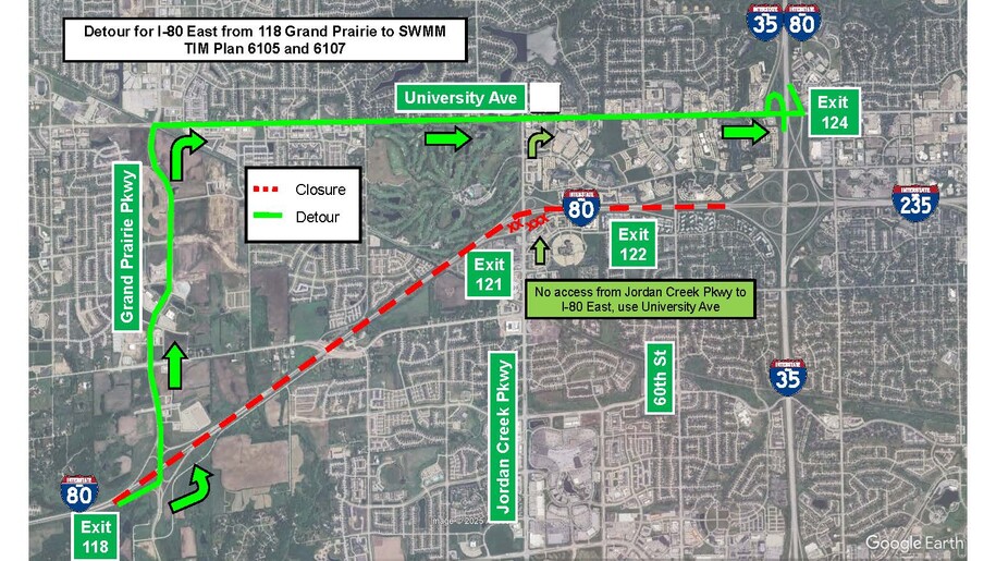 Eastbound I-80 from Grand Prairie Parkway to Southwest Mixmaster detour route