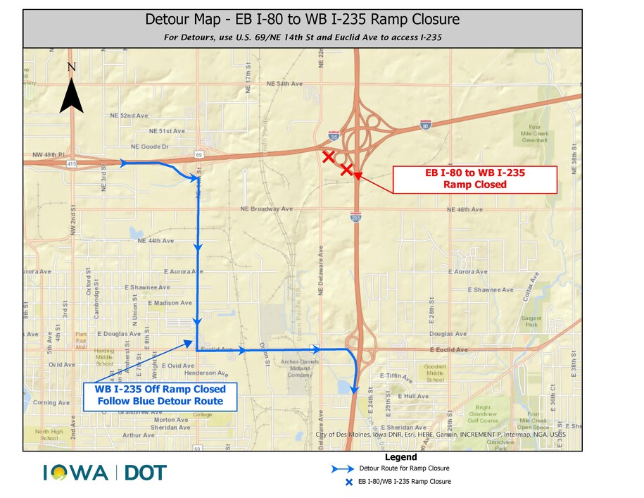 EB I-80 to WB I-235 Ramp Closure detour map