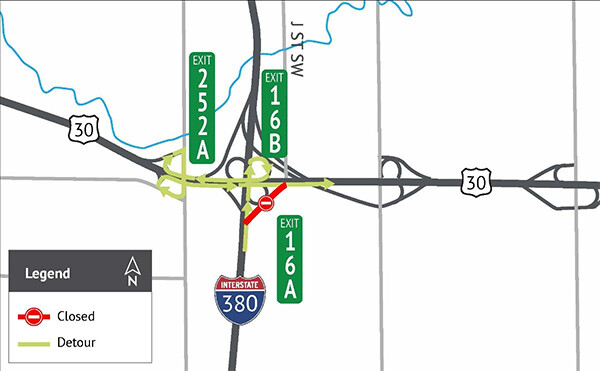 I-380 Northbound to U.S. 30 Eastbound Ramp Detour Map - Detour information in text above