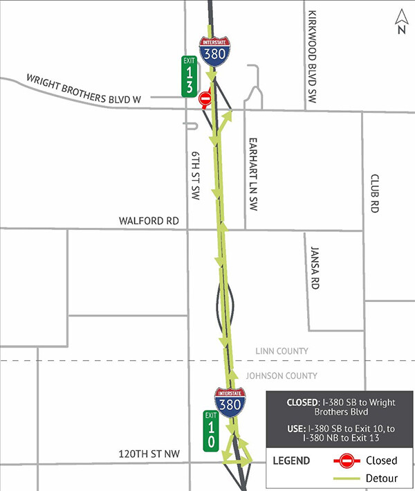 I-380 Southbound to Wright Brothers Boulevard Ramp Detour Map - Detour details in text above.