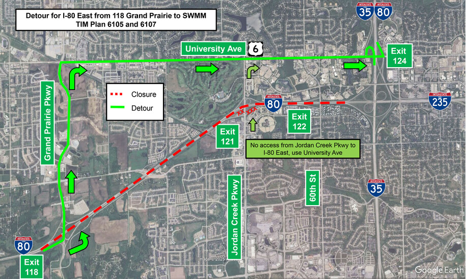 Detour map for I80 Eastbound from Grand Prairie Parkway to the SW Mixmaster