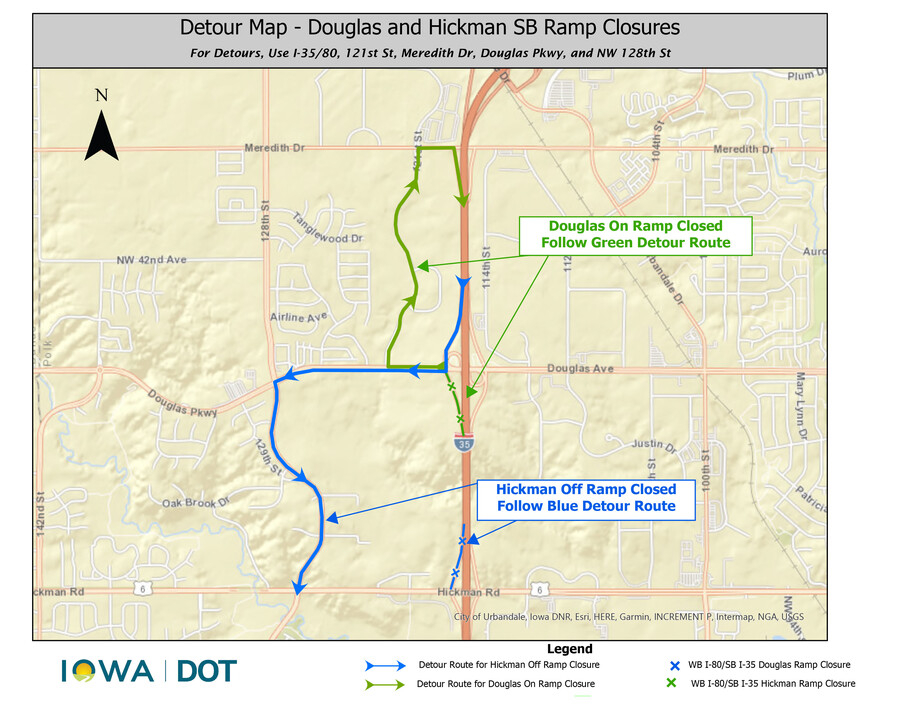 Detour route for I80 I35 SB Ramp Closures at Hickman Road and Douglas Avenue