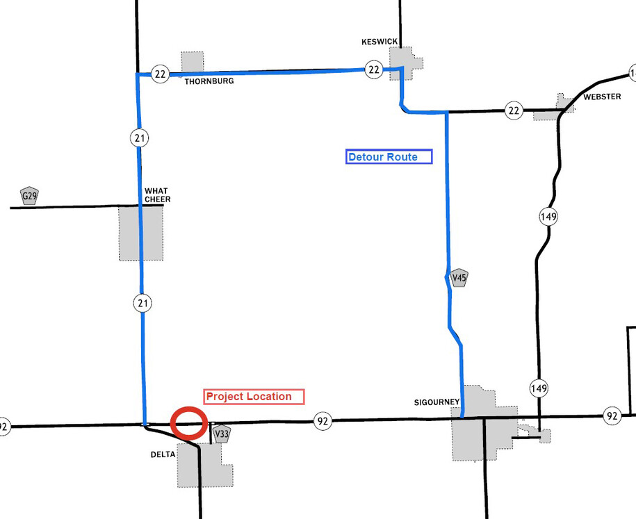 Proposed detour map for Iowa 92 in Keokuk County - Detour explained in text above