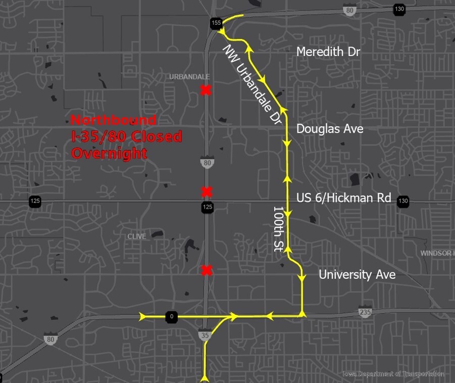 NB I35 80 Overnight Closure detour