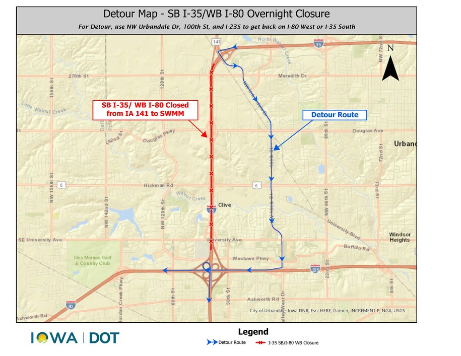 SB I35 WB I80 Overnight Closure detour map