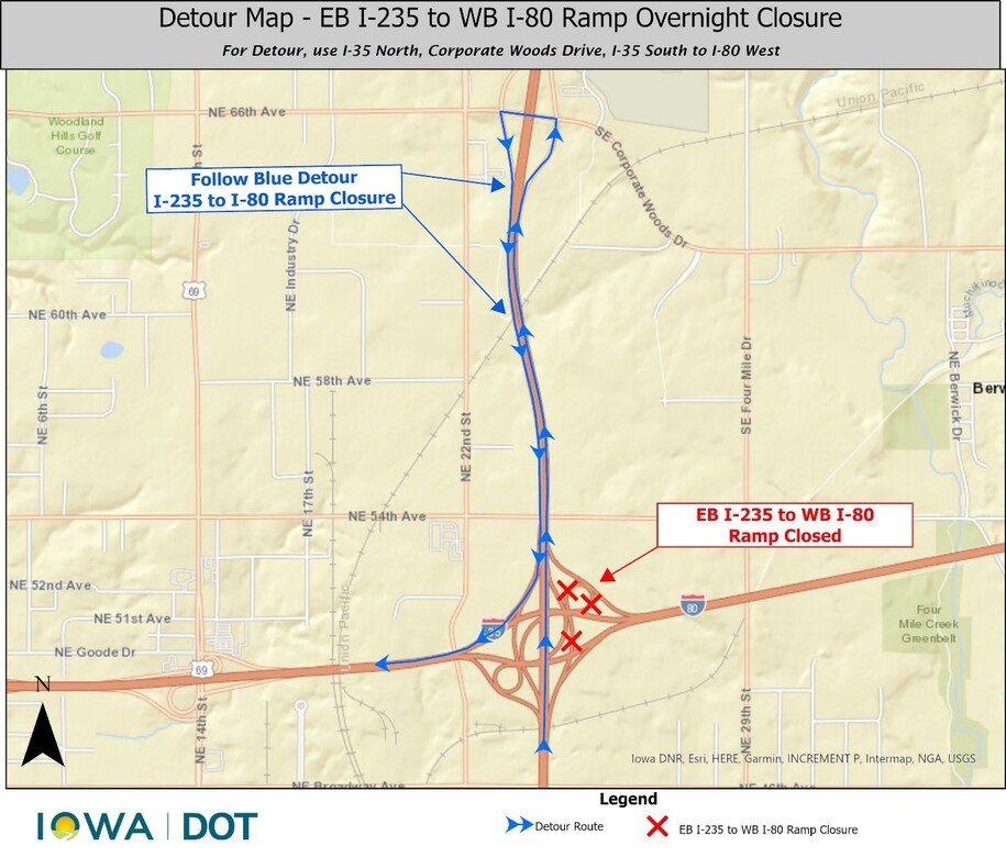 I 235 Eastbound to I 80 Westbound Ramp Closure Detour Map