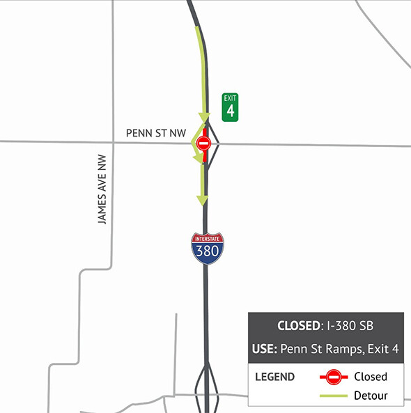 Overnight I-380 Southbound Closure Map - Details in the text above
