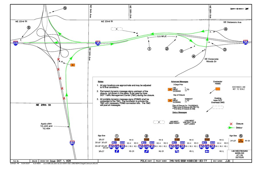 WB I-80 closure Corporate Woods detour map
